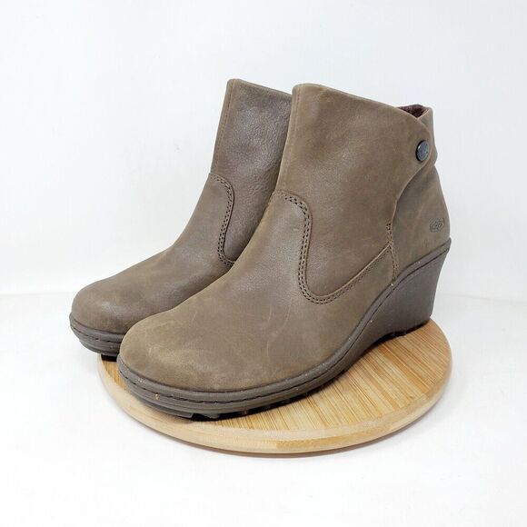 KEEN Akita Ankle Boots Womens 9.5 Brown Leather Wedge Lug Bootie Shoes - Picture 2 of 14